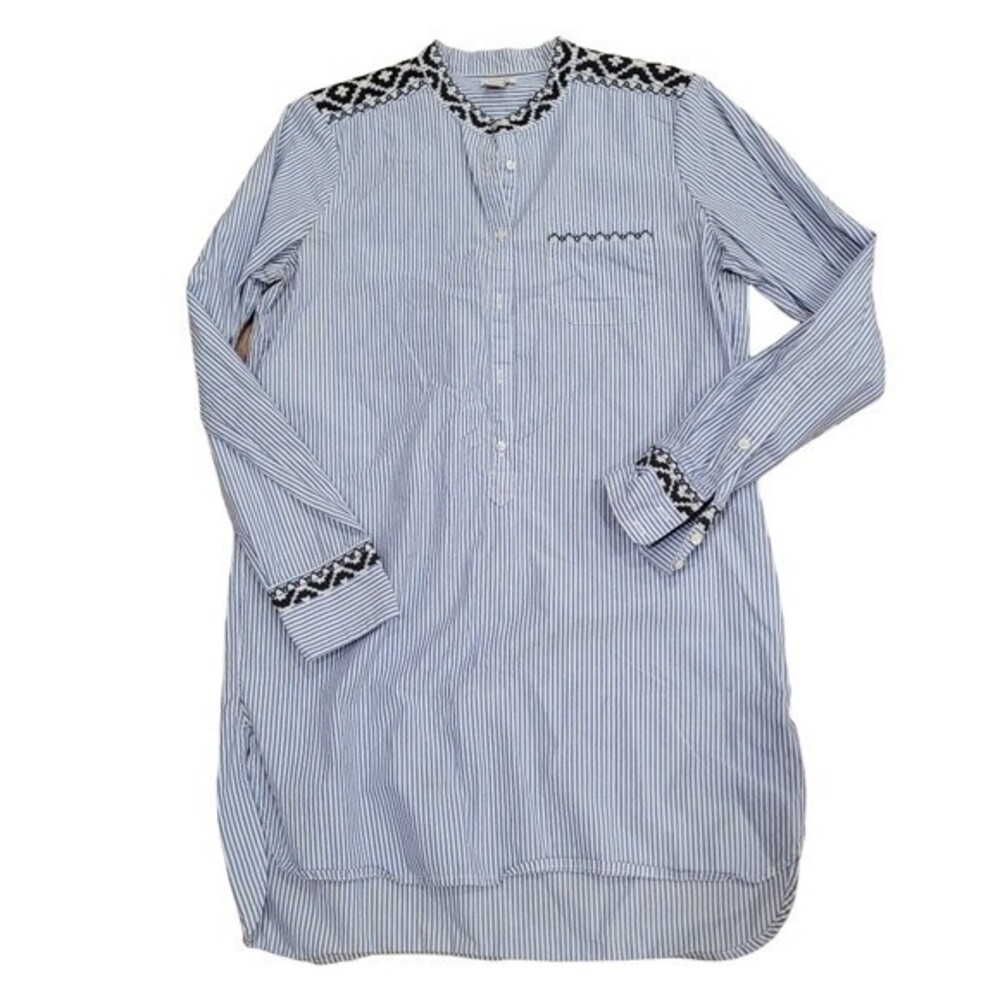 J Crew Womens Small Tunic Top Blue White‎ Striped Embroidered Side Slit